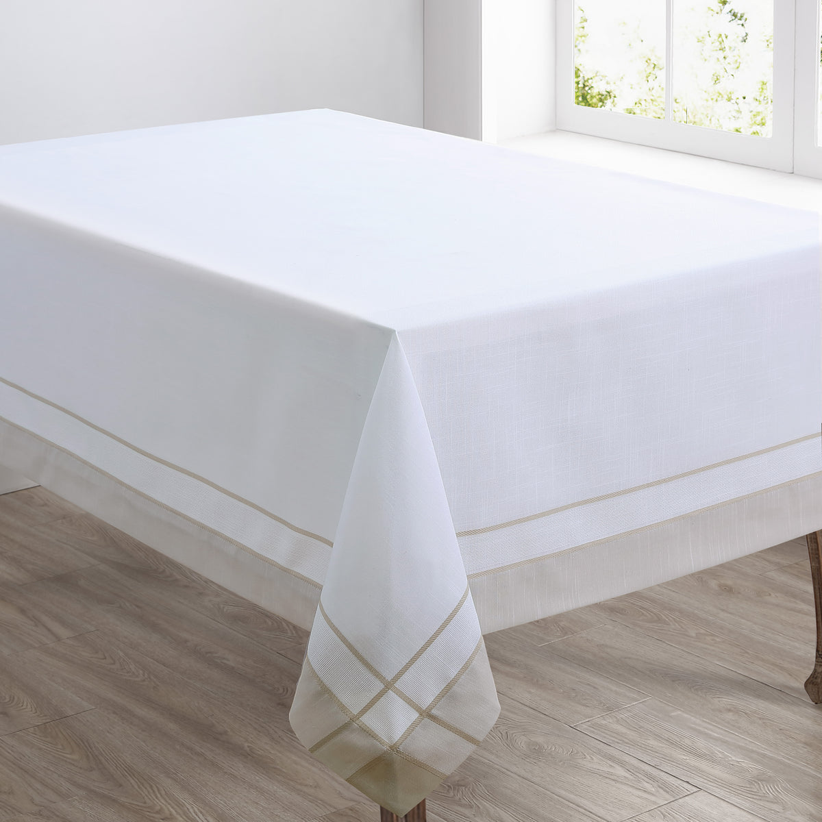 Natural Beige  Banded Border Tablecloth  100% Polyester