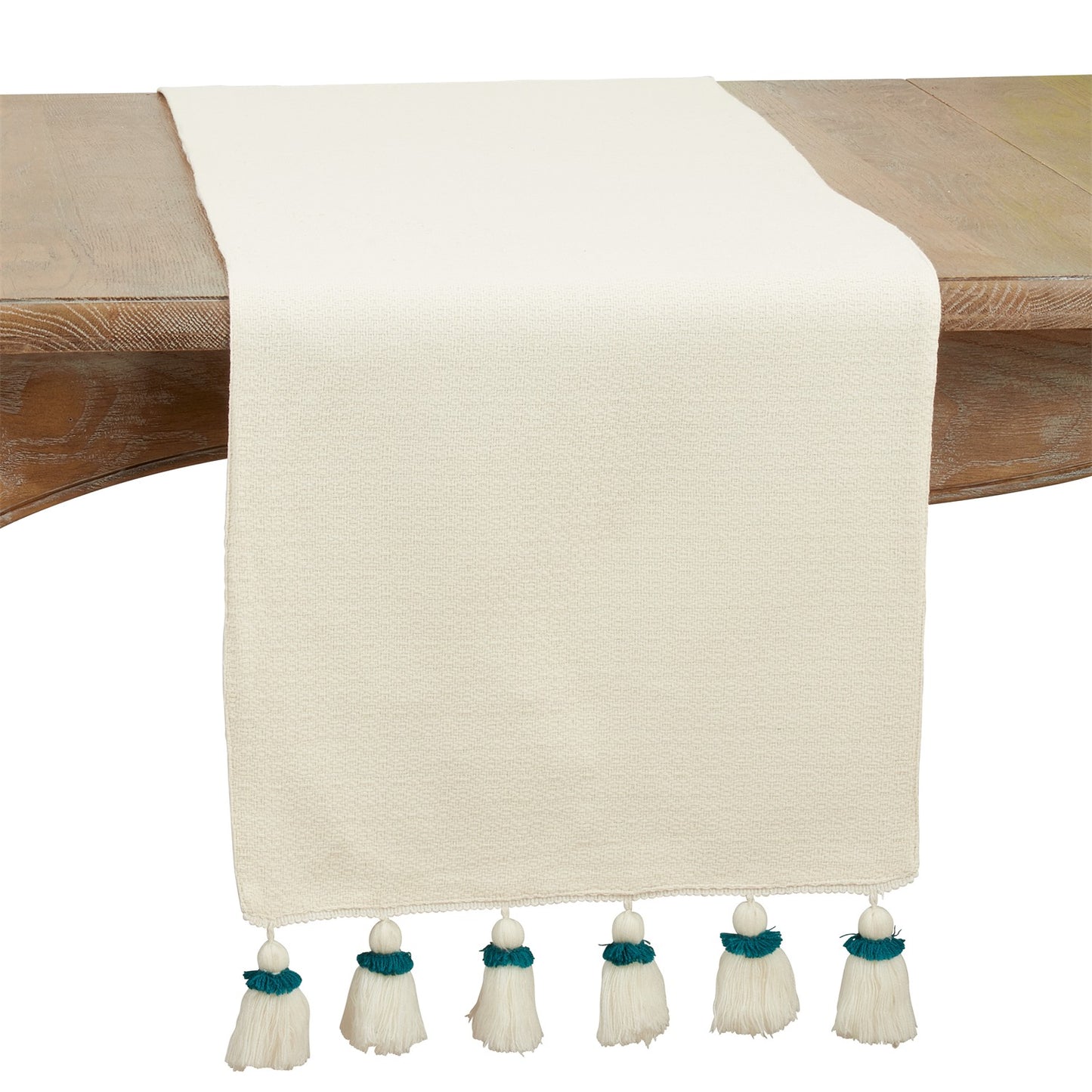 Everyday / All Season Teal Tassel Table Runner, front: 100% cotton - back: 100% polyester