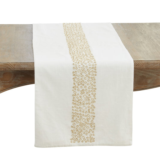 Everyday / All Season White Beaded Band Table Runner, 100% cotton