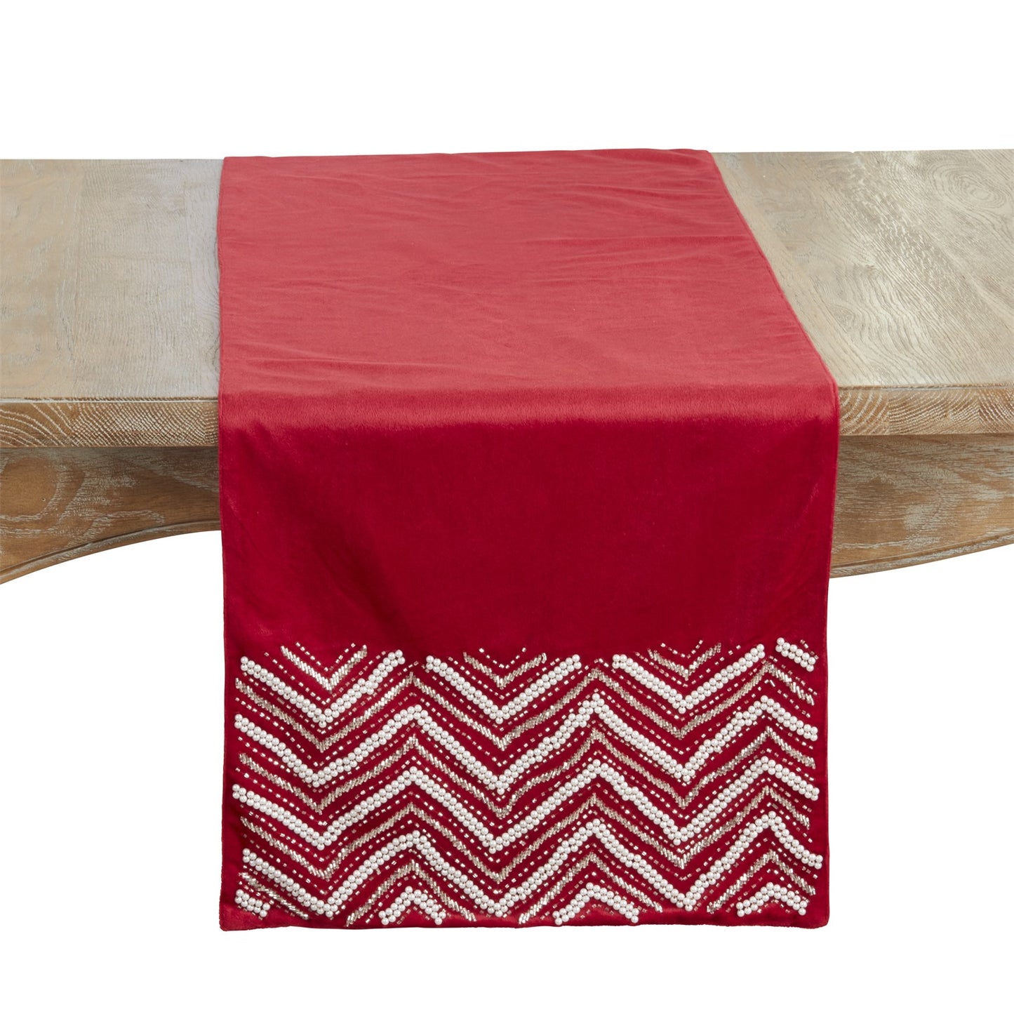 Everyday / All Season Red Velvet Beaded Chevron Table Runner, 100% polyester velvet