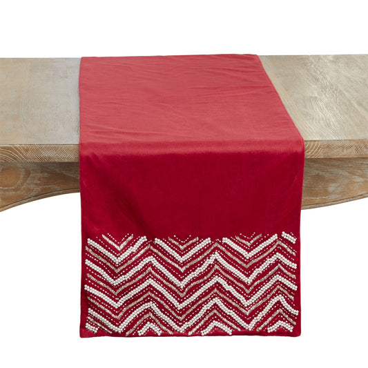Everyday / All Season Red Velvet Beaded Chevron Table Runner, 100% polyester velvet
