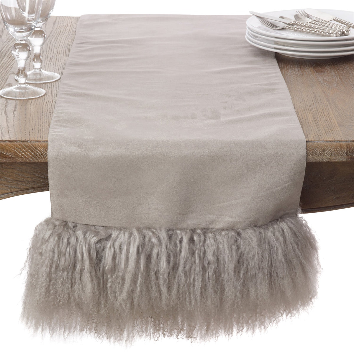 Everyday / All Season Fog Grey Mongolian Lamb Fur Table Runner, polyester, lamb fur