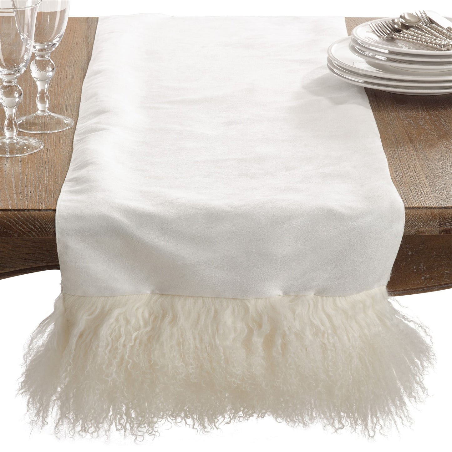 Everyday / All Season Ivory Off-White Mongolian Lamb Fur Table Runner, polyester, lamb fur