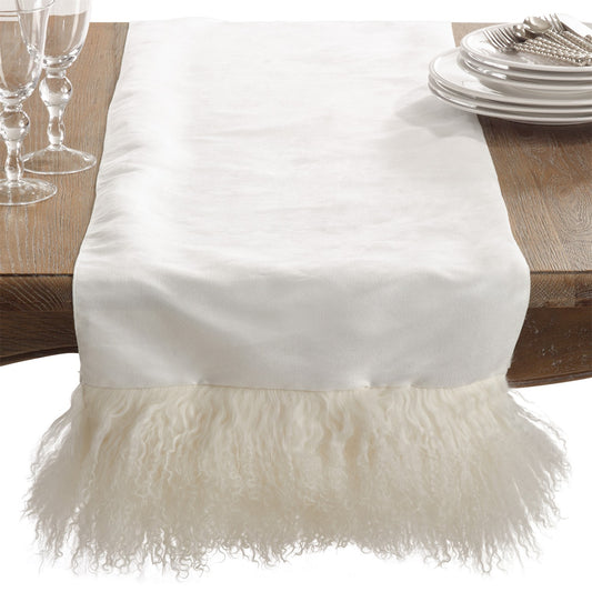Everyday / All Season Ivory Off-White Mongolian Lamb Fur Table Runner, polyester, lamb fur