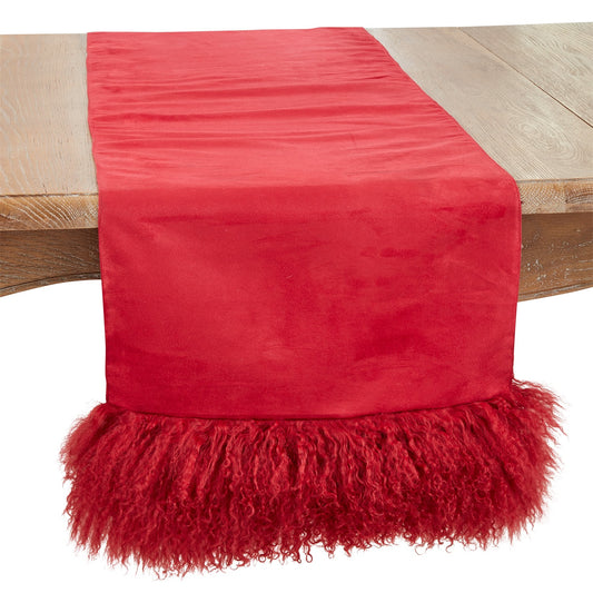 Everyday / All Season Red Mongolian Lamb Fur Table Runner, polyester, lamb fur