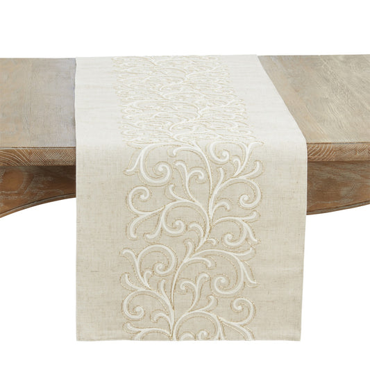Everyday / All Season Natural Beige Embroidered Scroll Table Runner, 84% polyester - 16% linen
