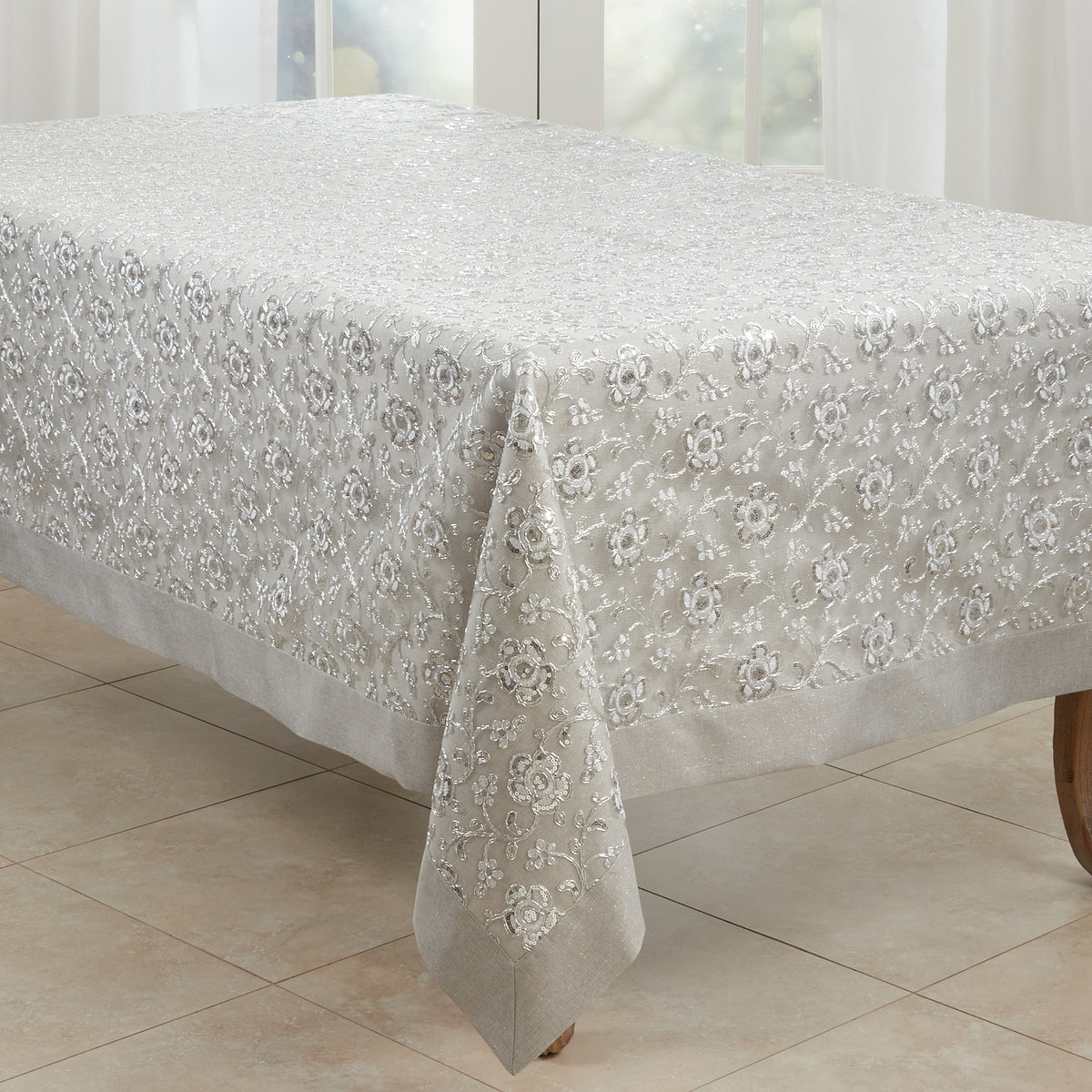 Silver  Floral Embroidered Tablecloth  100% polyester