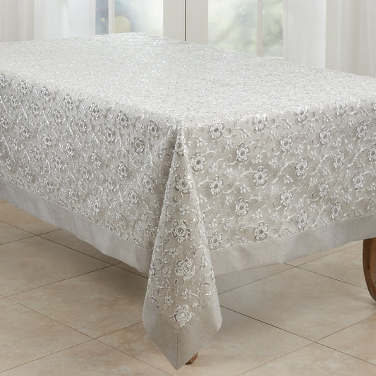Silver  Floral Embroidered Tablecloth  100% polyester
