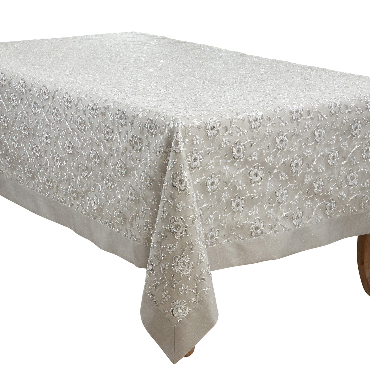 Silver  Floral Embroidered Tablecloth  100% polyester