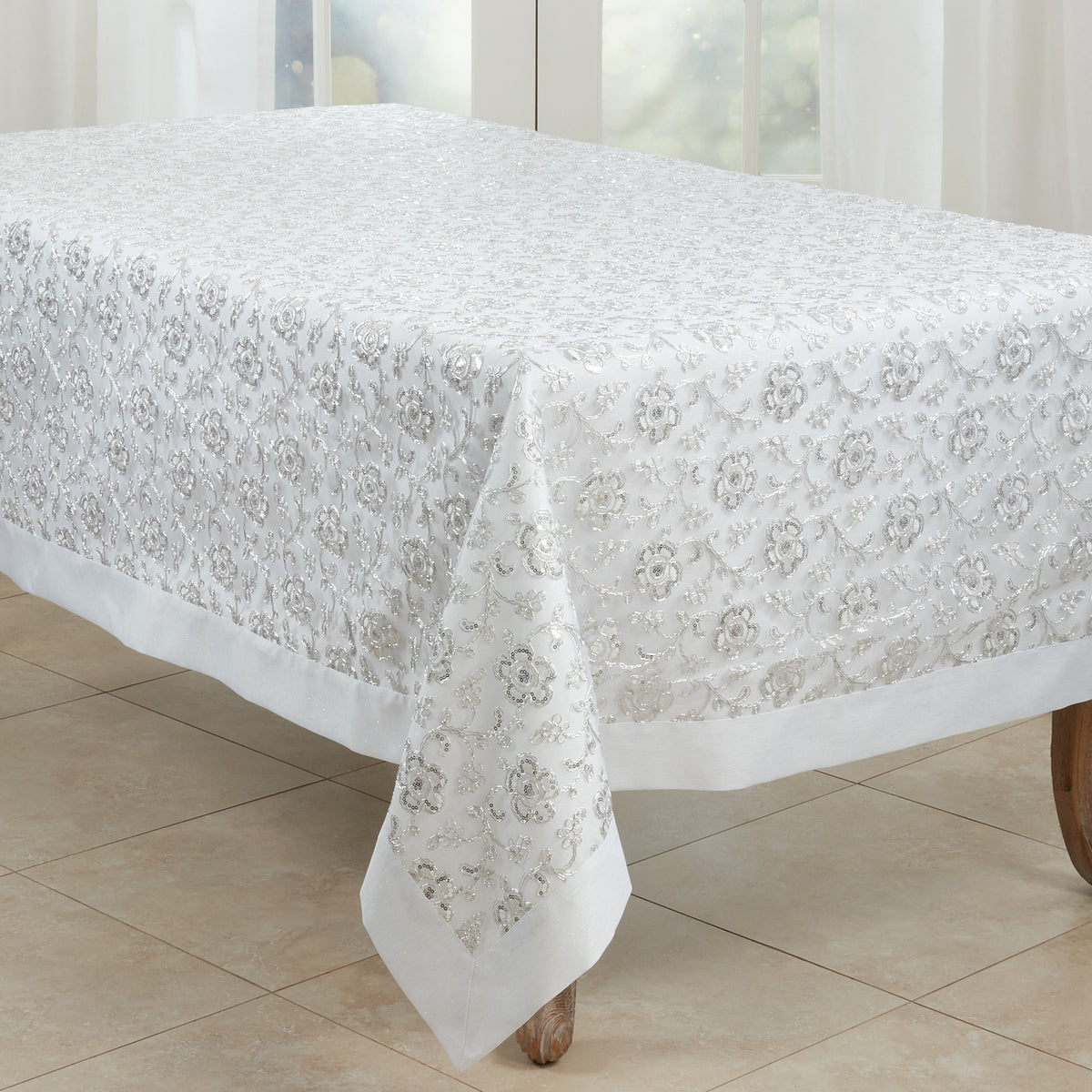 White  Floral Embroidered Tablecloth  100% polyester