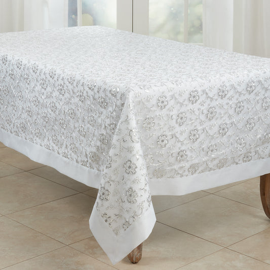 White  Floral Embroidered Tablecloth  100% polyester