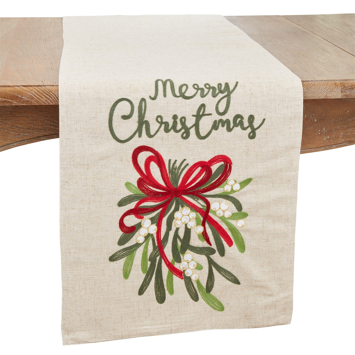 Christmas Natural Beige Merry Christmas Ribbon Table Runner, 80% polyester - 20% linen