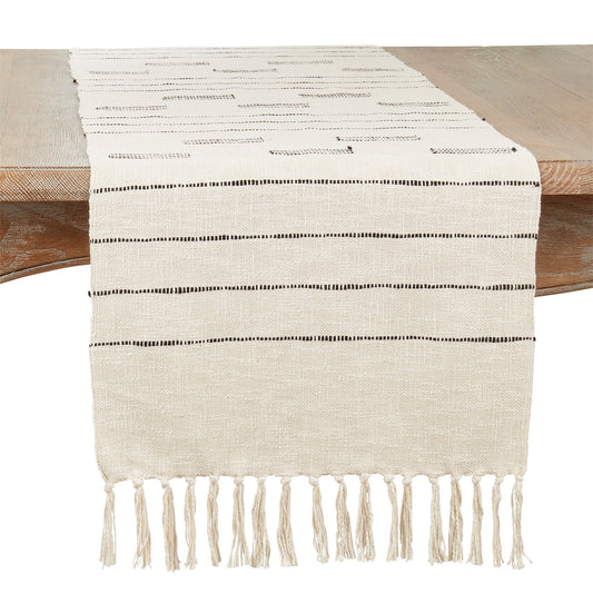 Everyday / All Season Ivory Off-White Dash Line Table Runner, 100% cotton