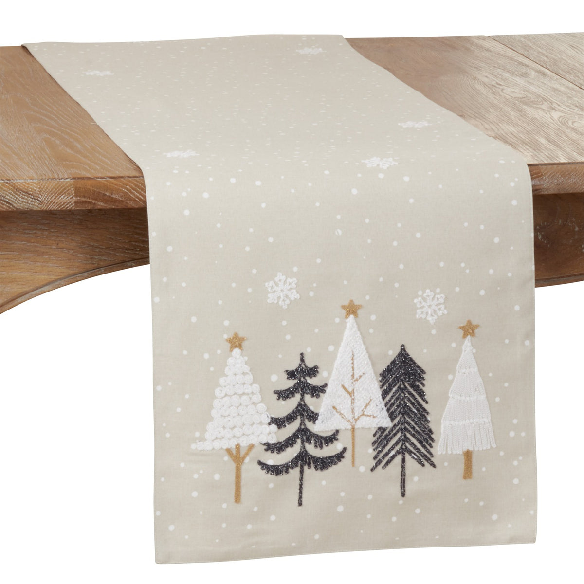Christmas Natural Beige Embroidered Christmas Tree Table Runner, 100% Polyester