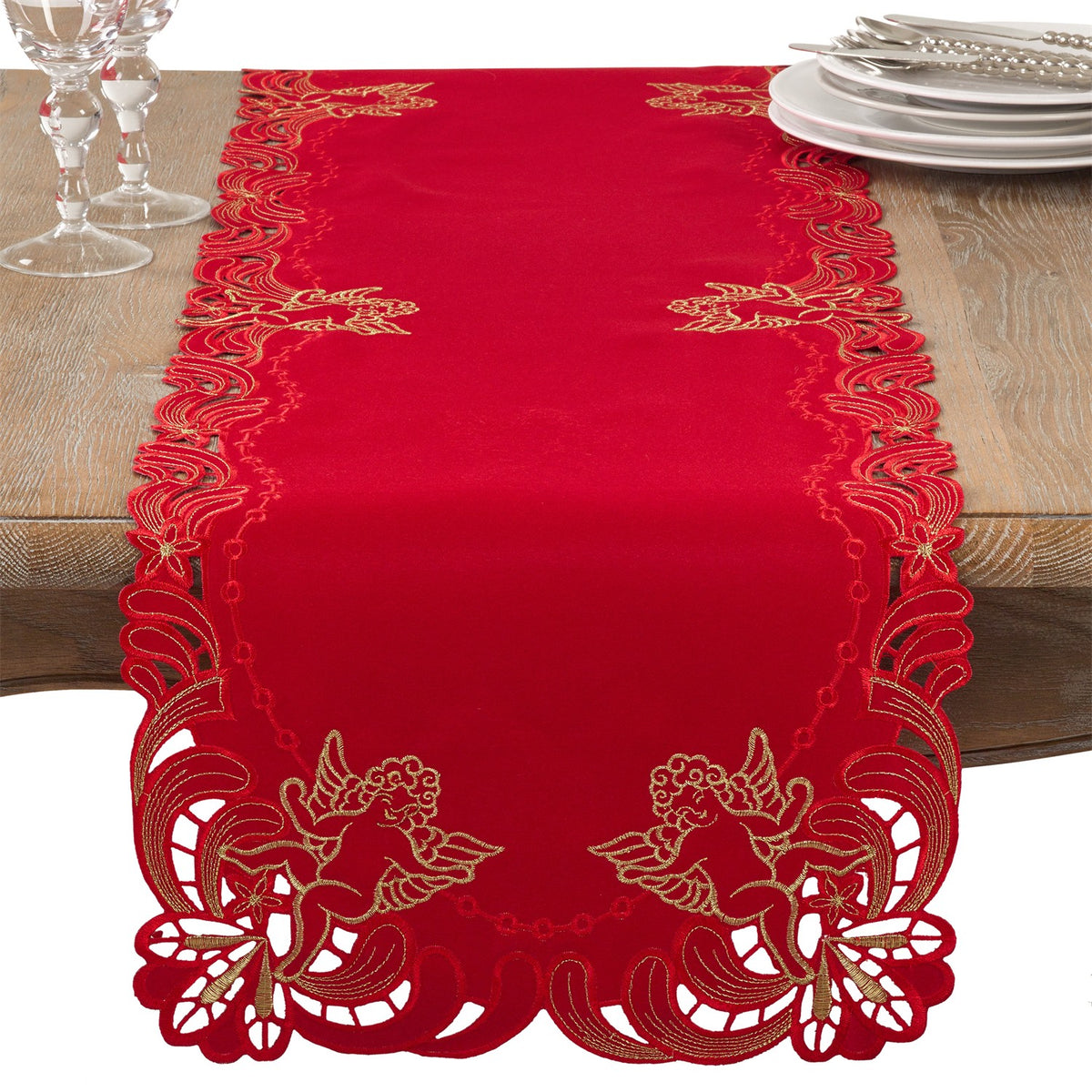 Valentine's Day Red Embroidered Cupid Table Runner, 100% Polyester
