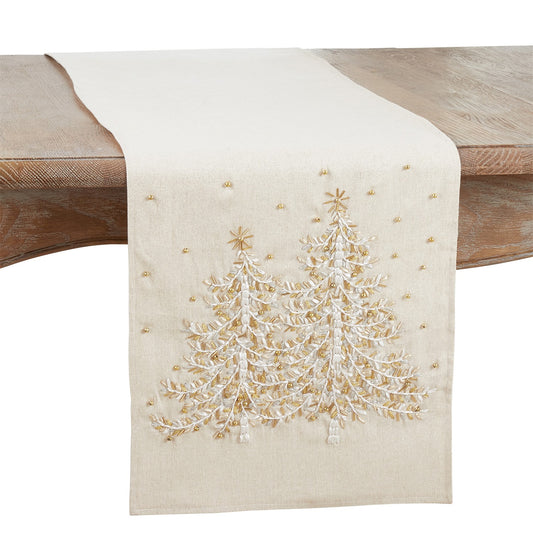 Christmas Natural Beige Embroidered Christmas Tree Table Runner, 80% polyester - 20% linen