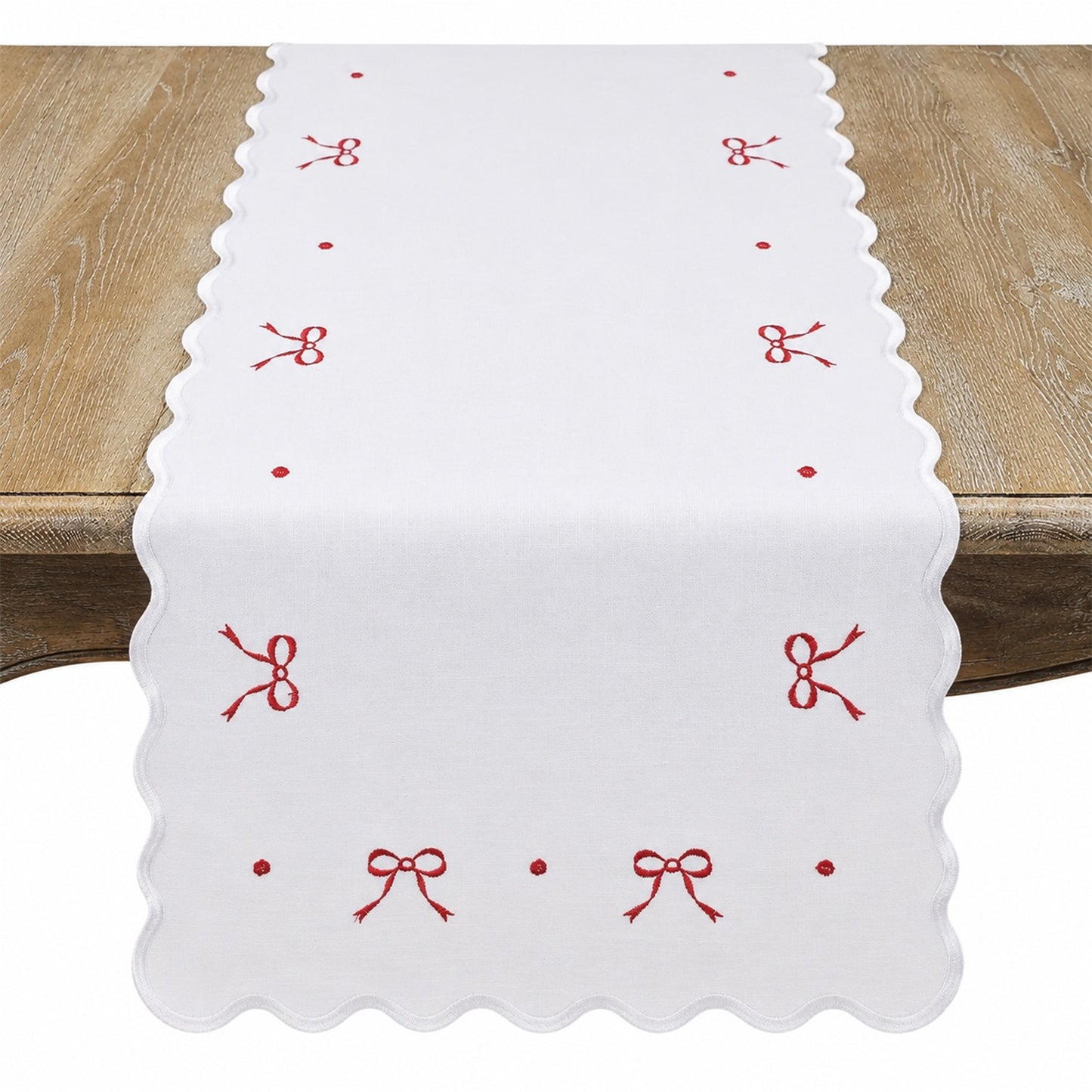 Everyday / All Season Red Embroidered Bows Table Runner, 100% polyester