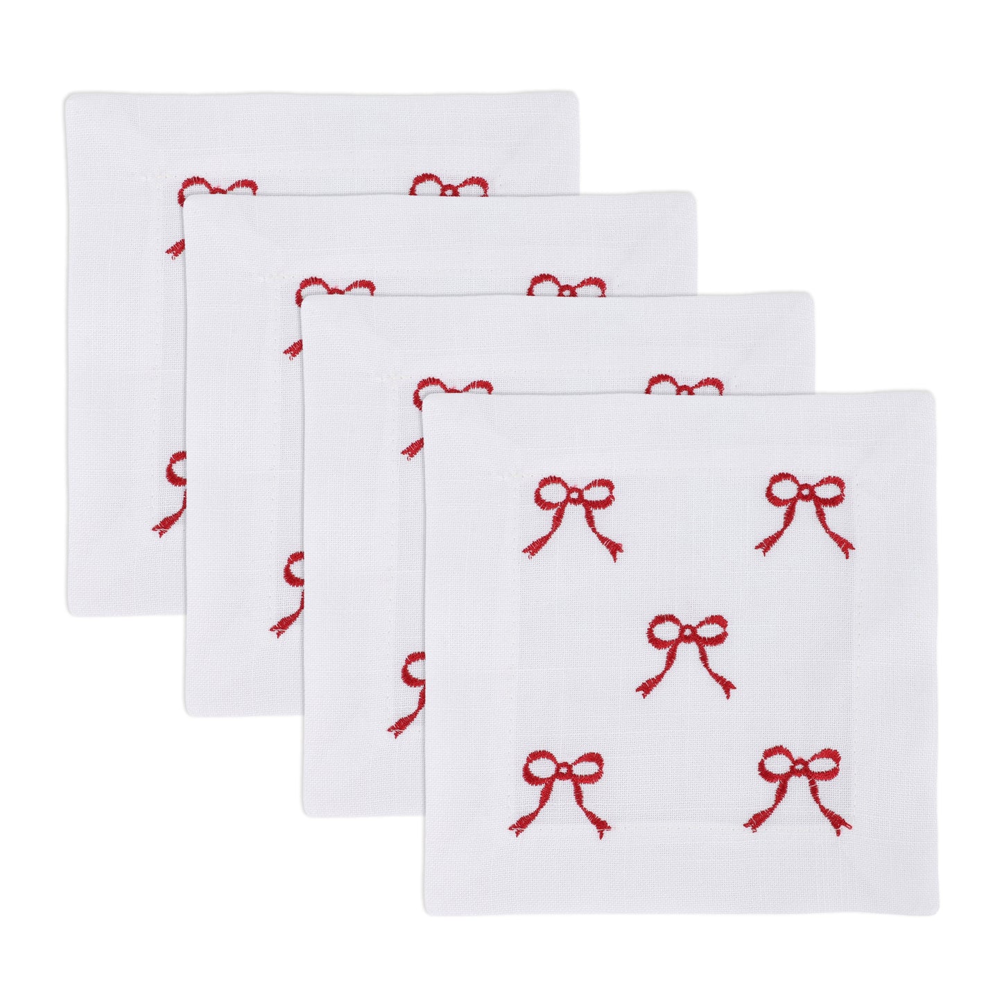 Red Embroidered Bows Cocktail Napkins 100% polyester, 6 Inch Square (4 pcs.)