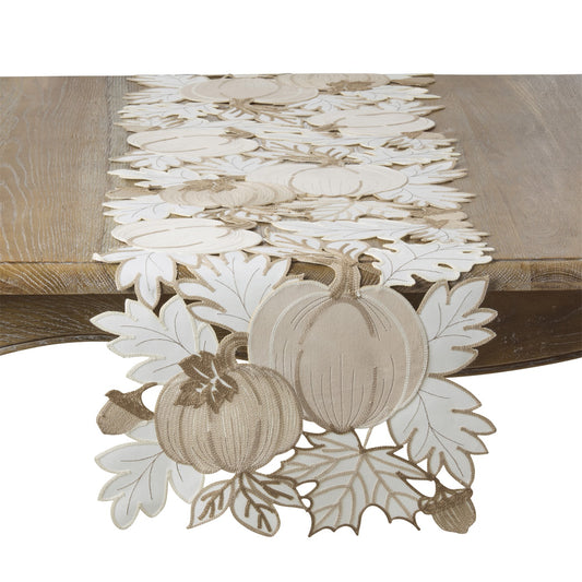 Thanksgiving / Fall Harvest Natural Beige Pumpkins and Leaves Table Runner, 100% polyester