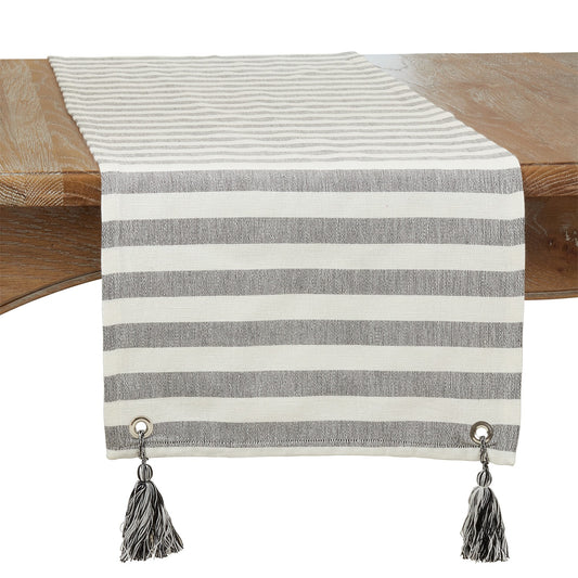 Everyday / All Season Black/White Striped Tassel Table Runner, 100% cotton