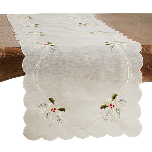 Christmas White Embroidered Holly and Ribbon Table Runner, 100% Polyester