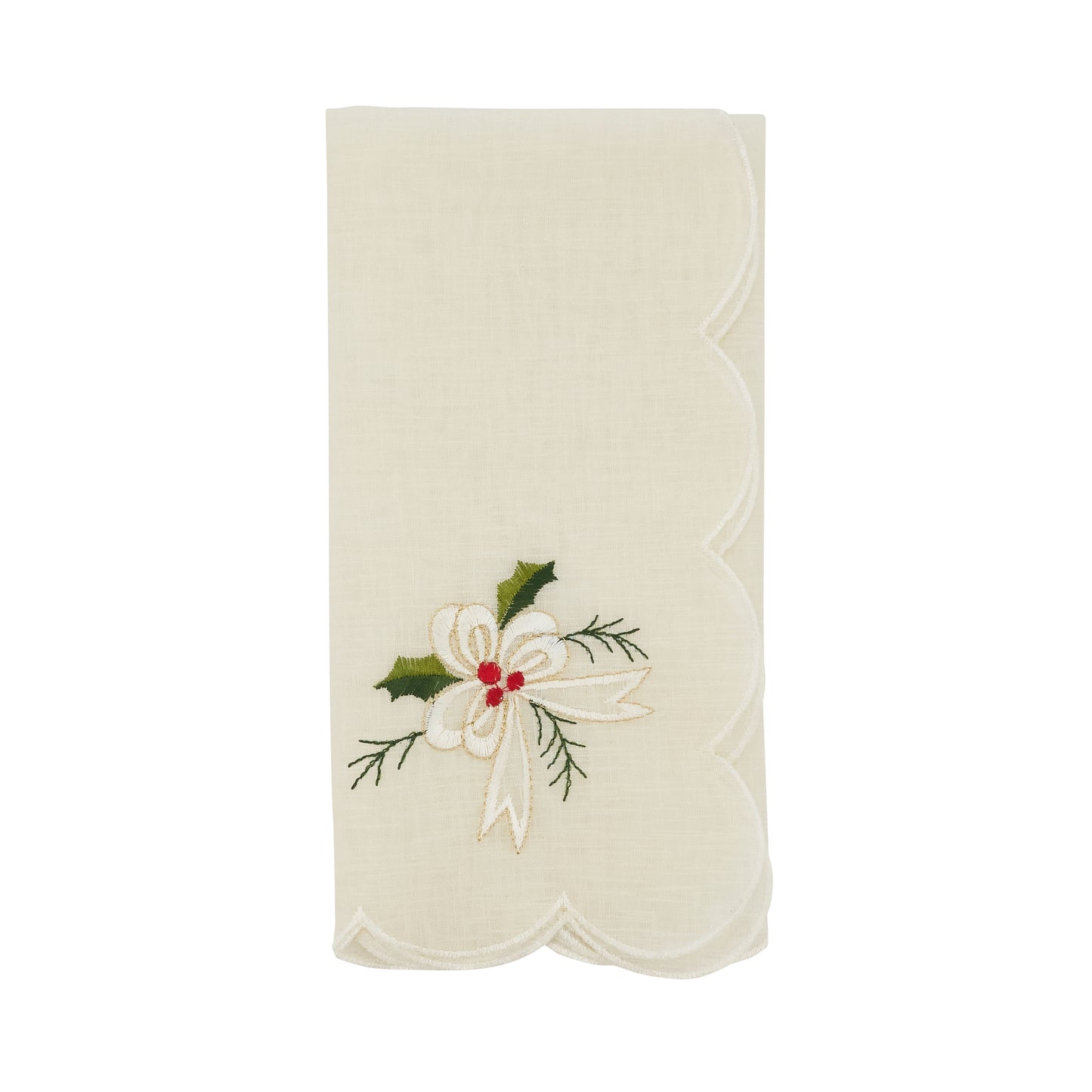 White Embroidered Holly and Ribbon Napkins 100% polyester, 20 Inch Square (4 pcs.)