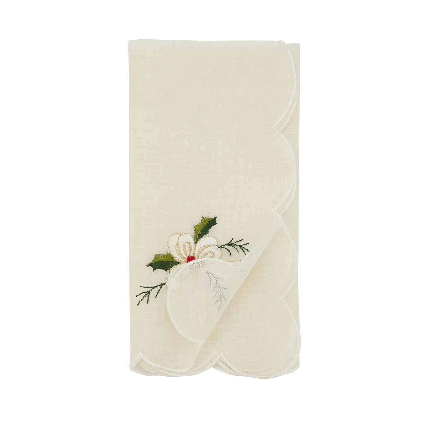 White Embroidered Holly and Ribbon Napkins 100% polyester, 20 Inch Square (4 pcs.)