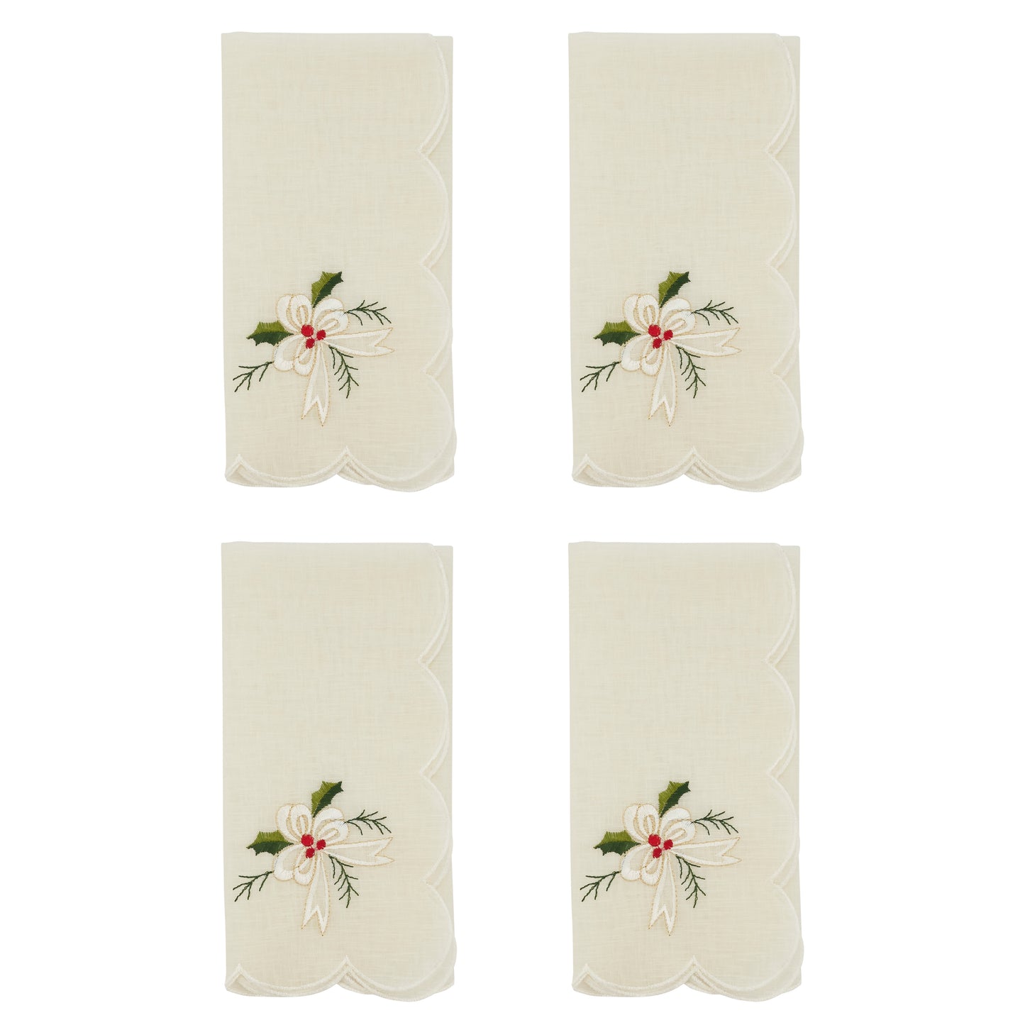 White Embroidered Holly and Ribbon Napkins 100% polyester, 20 Inch Square (4 pcs.)