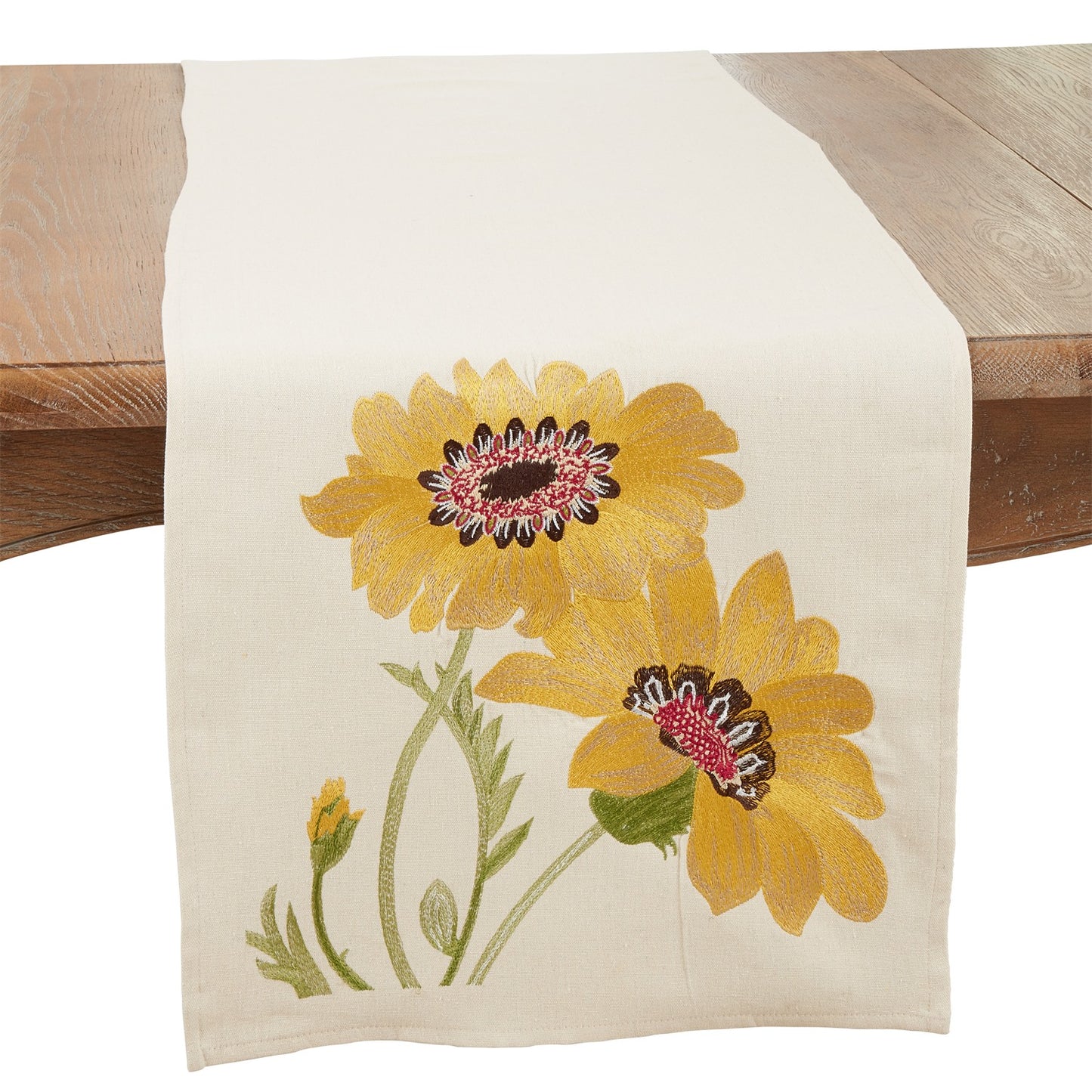 Everyday / All Season Yellow Embroidered Flowers Table Runner, 70% cotton - 30% linen