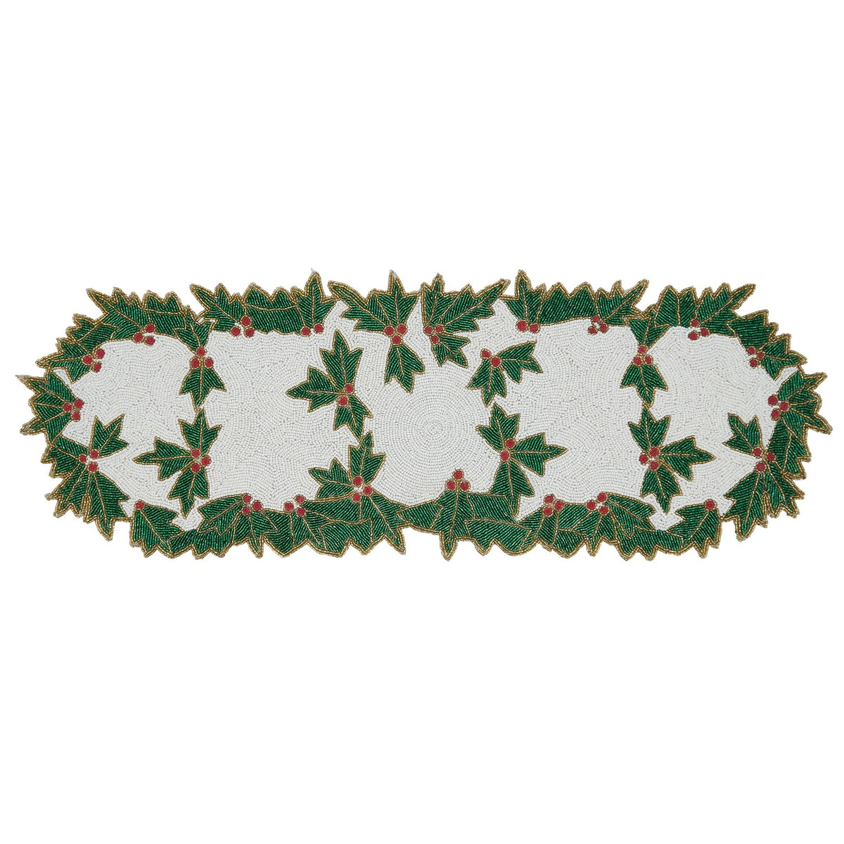 Christmas White/Green Beaded Holly Table Runner, glass beads