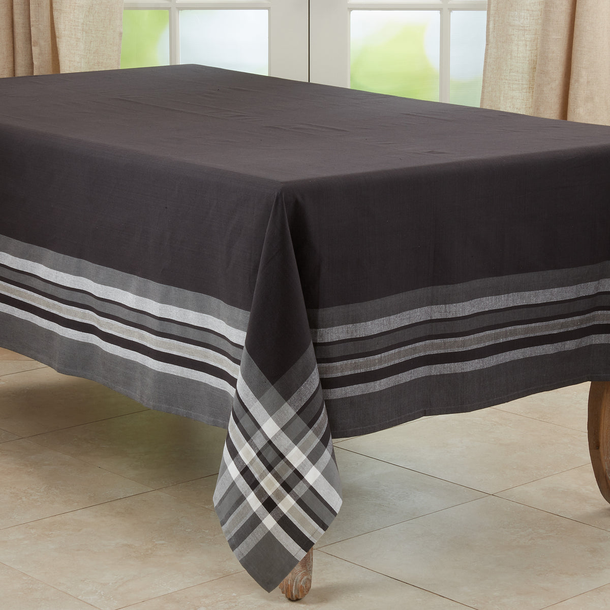 Black  Stripe Border Tablecloth  100% cotton