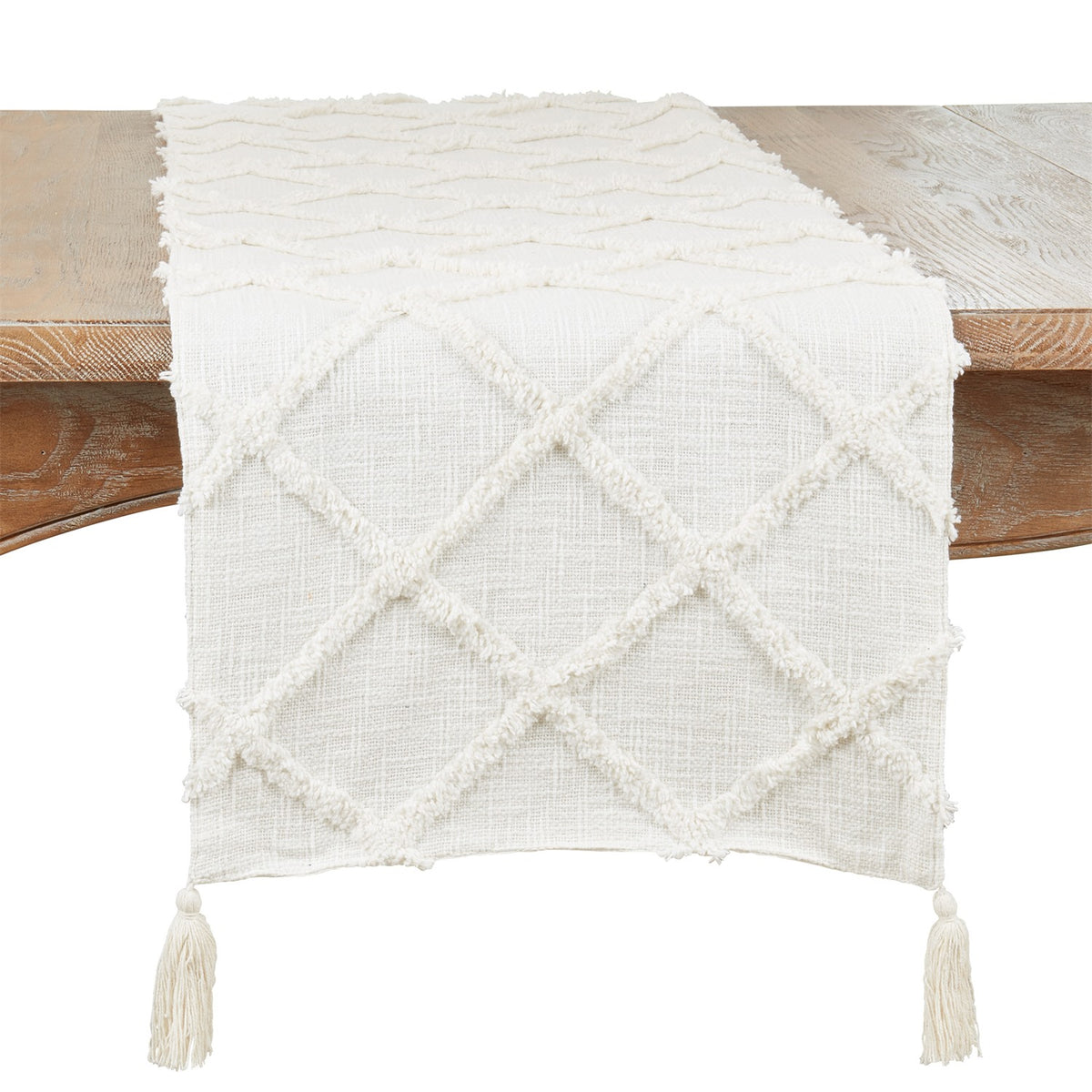 Everyday / All Season Ivory Off-White Diamond Tufted Table Runner, 100% cotton