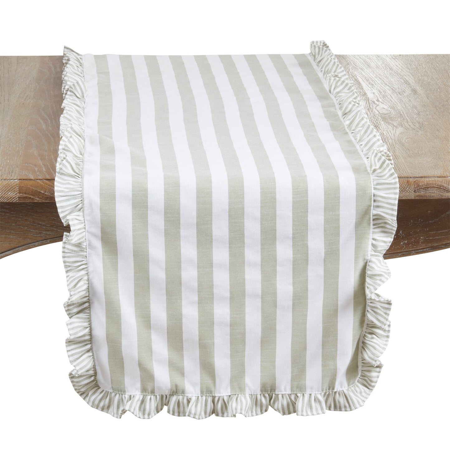 Everyday / All Season Green Striped Ruffle Table Runner, 70% cotton - 30% polyester