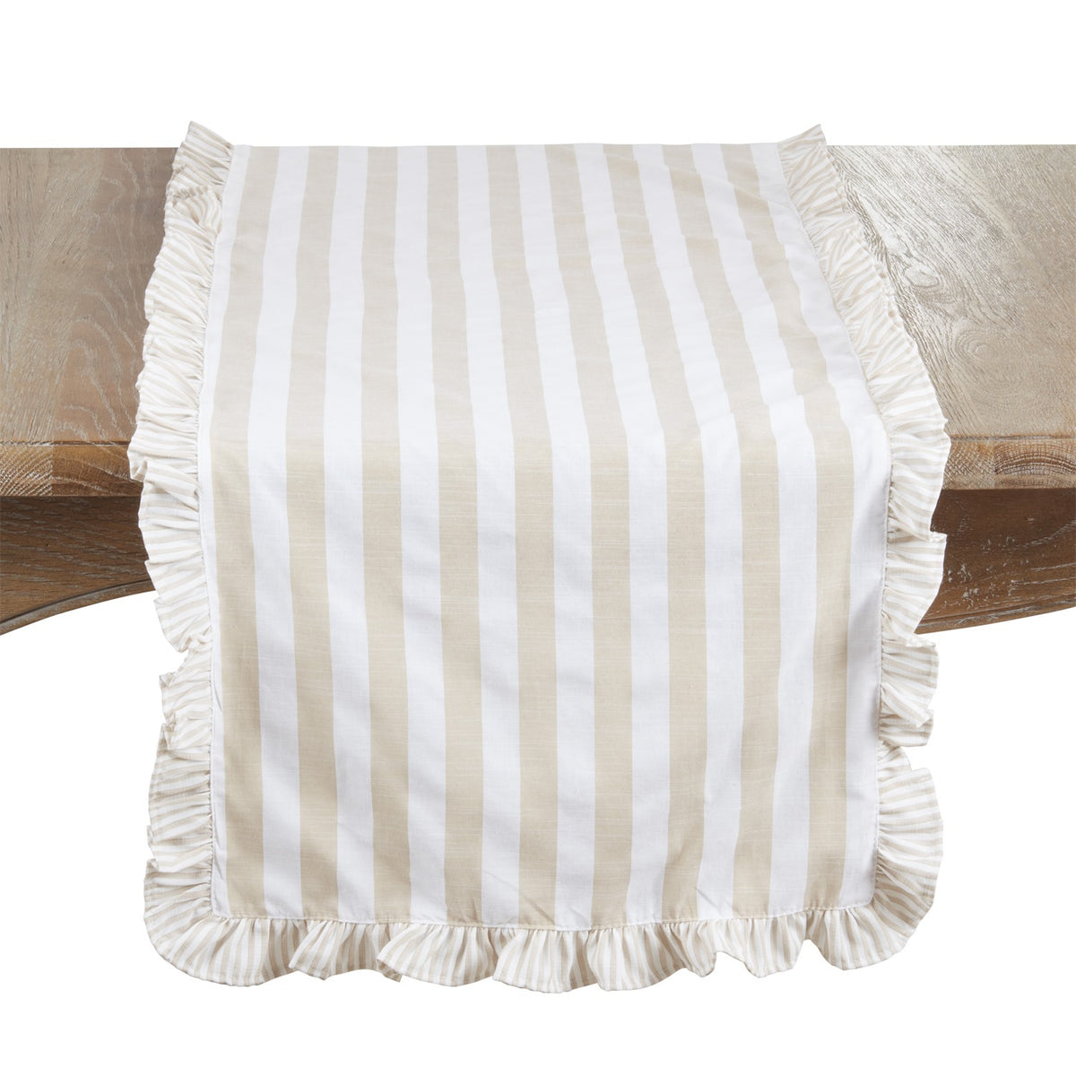 Everyday / All Season Natural Beige Striped Ruffle Table Runner, 70% cotton - 30% polyester