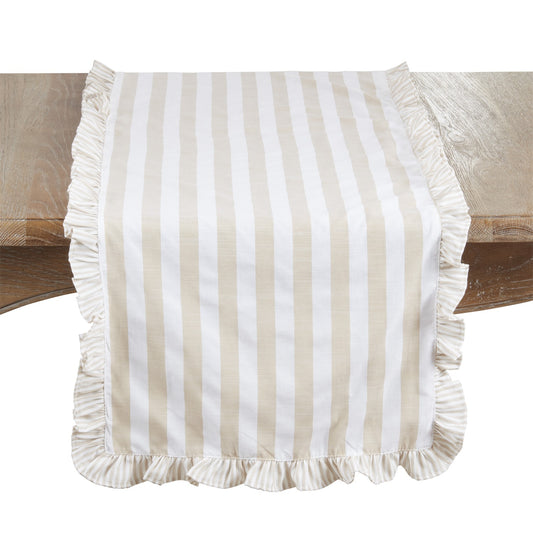 Everyday / All Season Natural Beige Striped Ruffle Table Runner, 70% cotton - 30% polyester