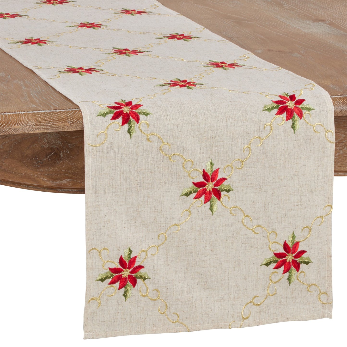 Christmas Natural Beige Embroidered Poinsettia Table Runner, 80% polyester - 20% linen