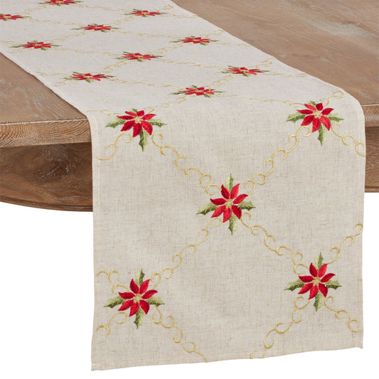 Christmas Natural Beige Embroidered Poinsettia Table Runner, 80% polyester - 20% linen