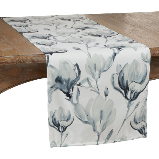 Everyday / All Season Blue-Grey Watercolor Floral Table Runner, 100% Polyester