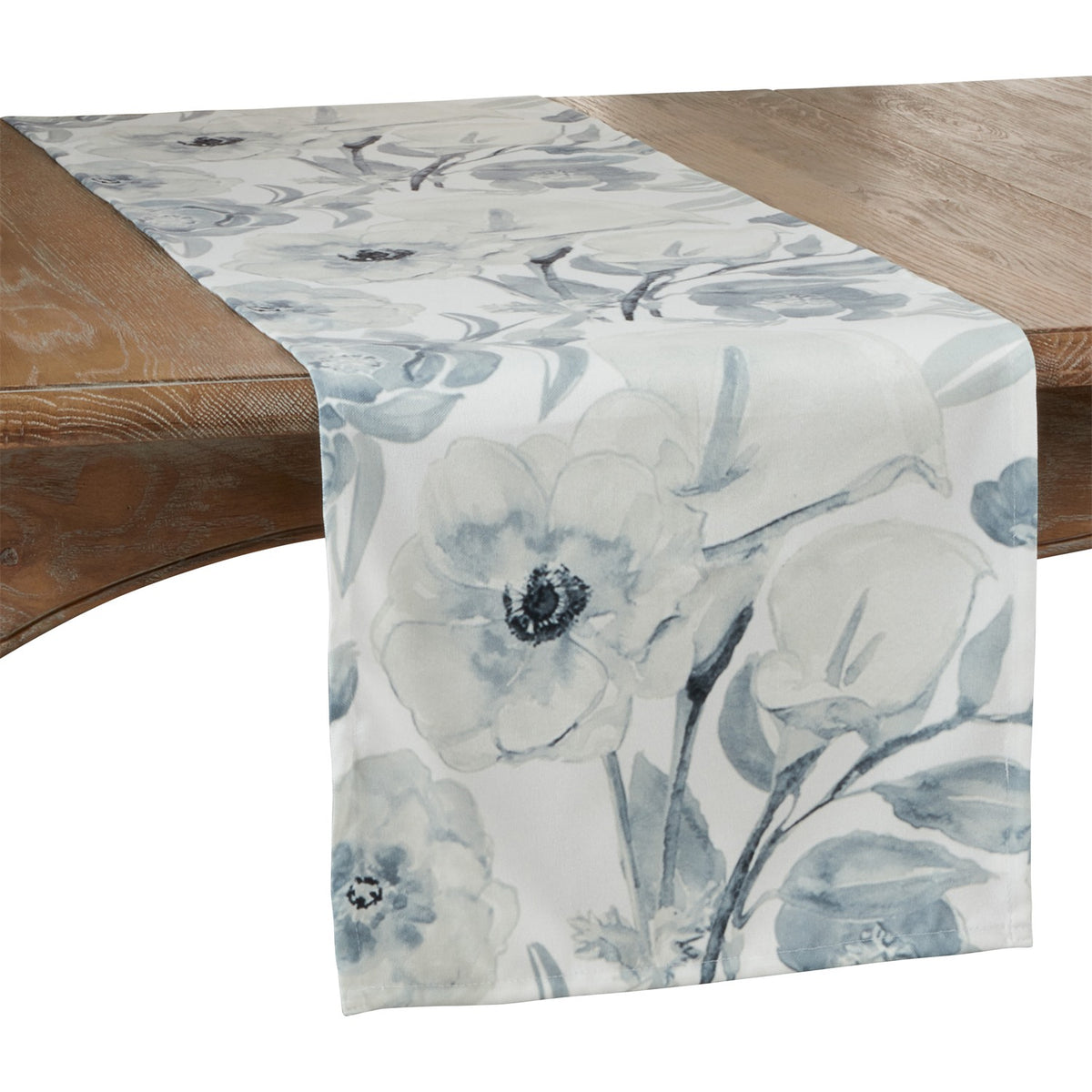 Everyday / All Season Blue-Grey Watercolor Floral Table Runner, 100% Polyester