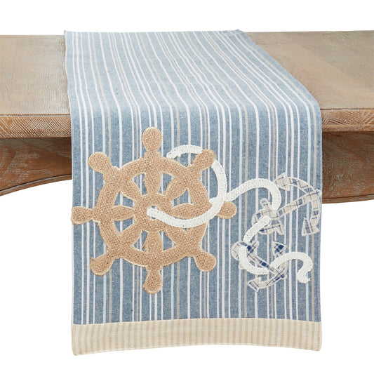 Everyday / All Season Navy Blue Helm and Anchor Table Runner, f:60% cotton-40% polyester - b:100% polyester