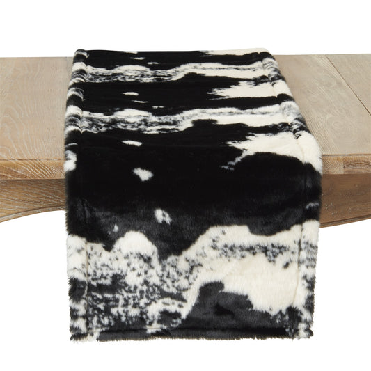 Everyday / All Season Black Faux Fur Cow Hide Table Runner, 100% Polyester