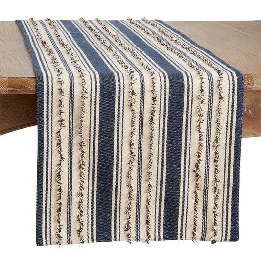 Everyday / All Season Navy Blue Fringe Stripe Table Runner, 100% cotton
