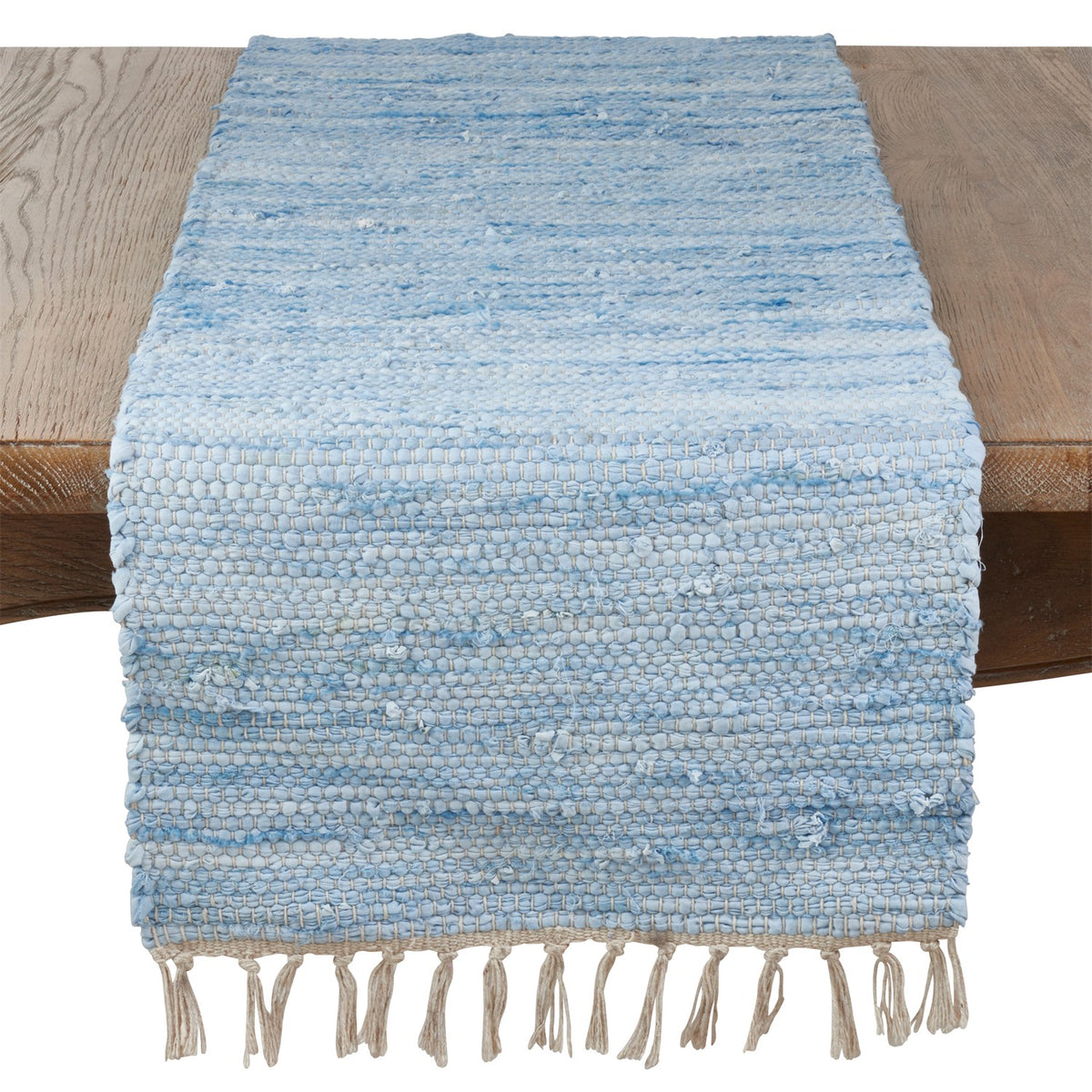 Everyday / All Season Aqua Blue Chindi Table Runner, 100% cotton