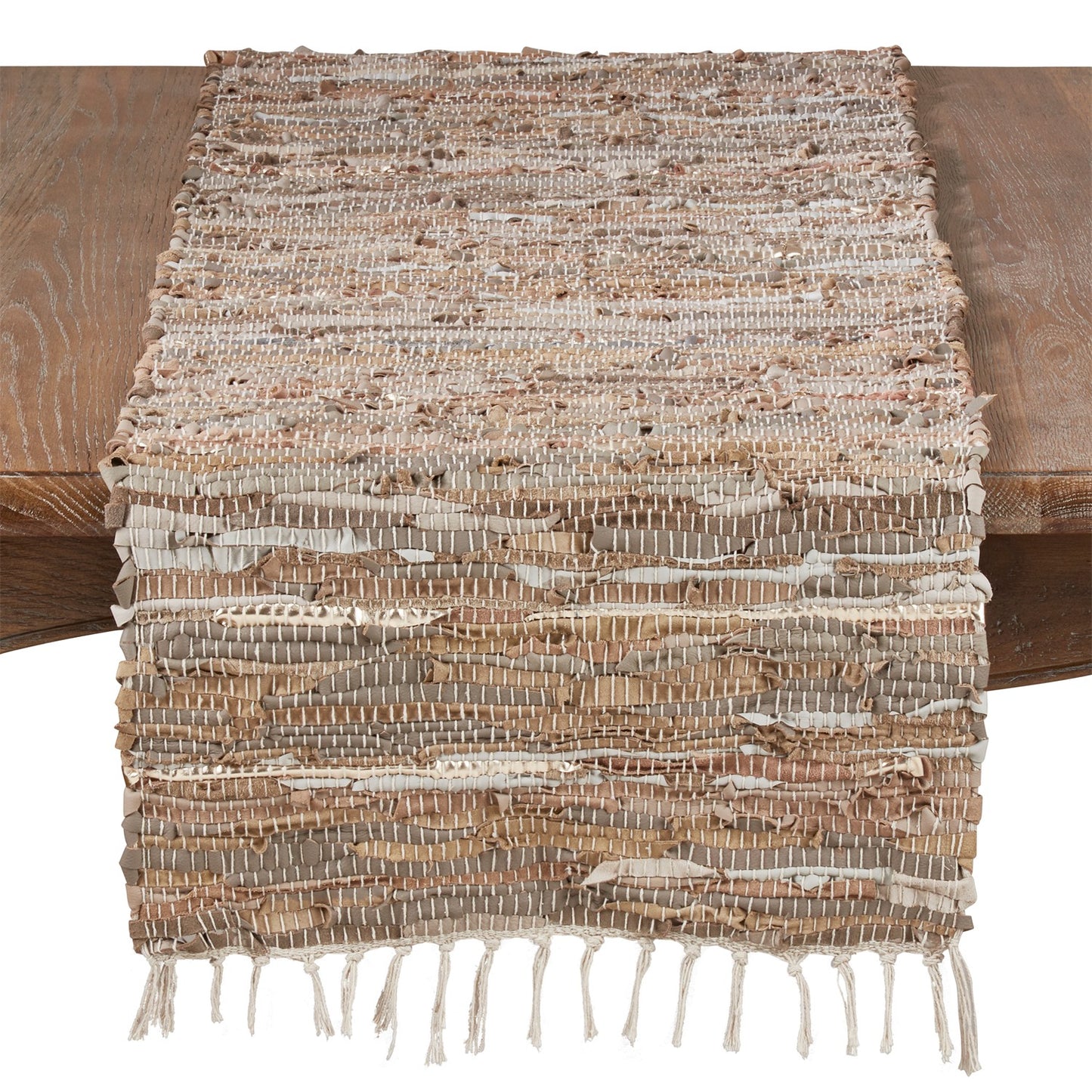 Everyday / All Season Natural Beige Leather Chindi Table Runner, 50% cotton - 50% leather