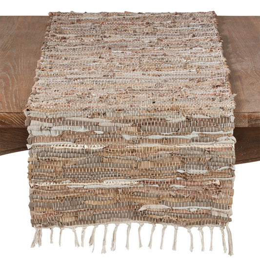 Everyday / All Season Natural Beige Leather Chindi Table Runner, 50% cotton - 50% leather
