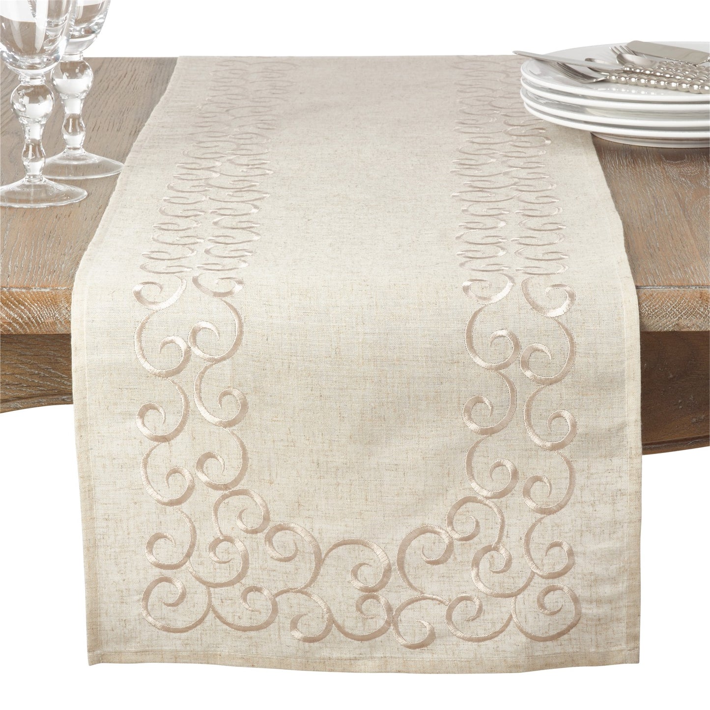 Everyday / All Season Natural Beige Embroidered Design Table Runner, 80% polyester - 20% linen