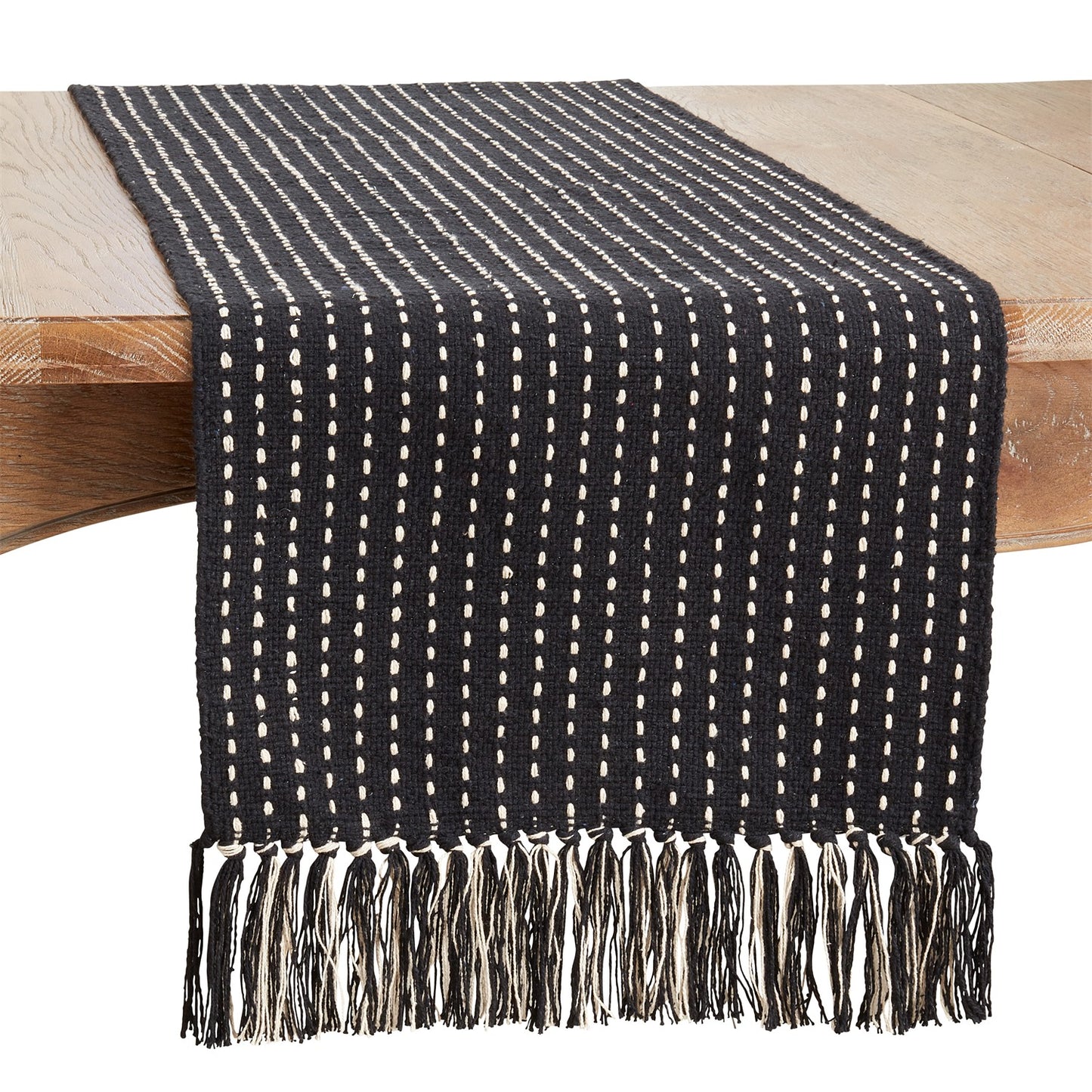 Everyday / All Season Black Stitched Fringe Table Runner, 100% cotton