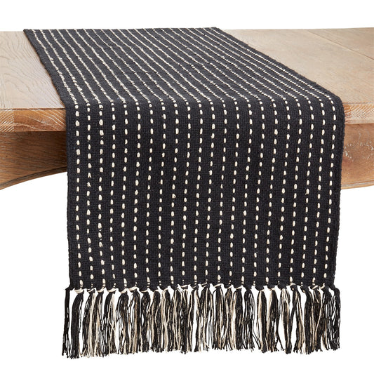 Everyday / All Season Black Stitched Fringe Table Runner, 100% cotton