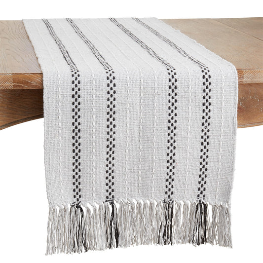 Everyday / All Season Grey Stitched Fringe Table Runner, 100% cotton