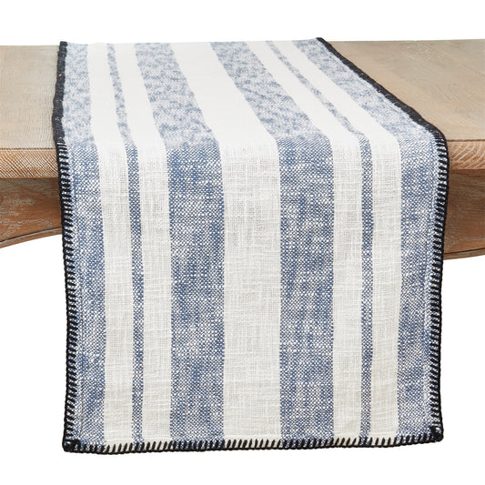 Everyday / All Season Navy Blue Stripe Whipstitch Table Runner, 100% cotton